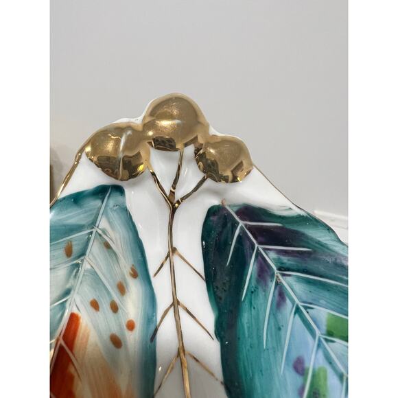 Vintage Hand Painted Leaf Style Trinket Dish Made in Japan Gold Turquoise - Picture 2 of 6